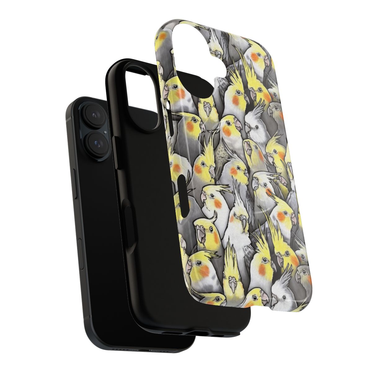 Colorful phone case featuring a pattern of adorable cockatiels and other Australian birds - Layers