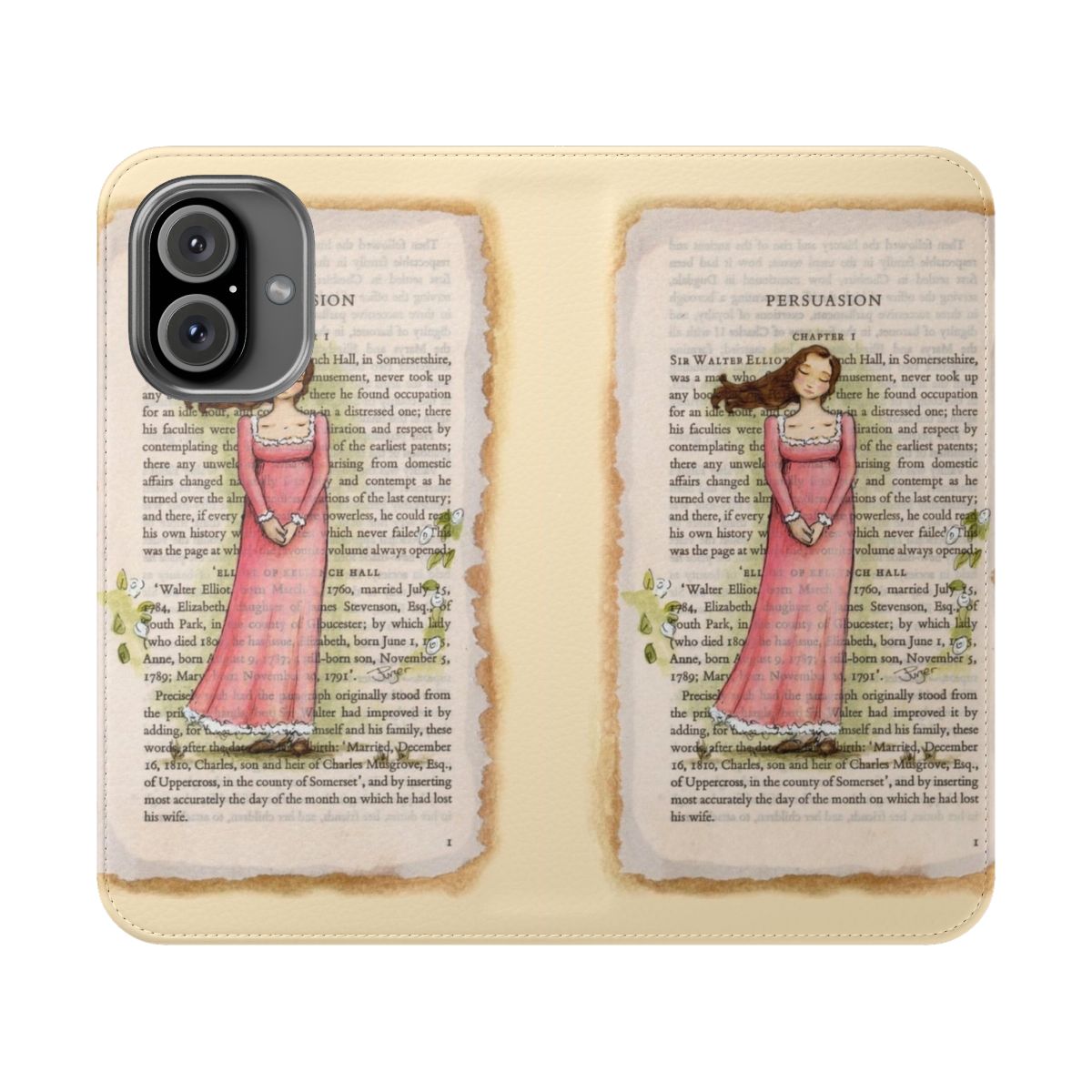 Stylish flip cover phone case featuring artwork inspired by Jane Austen's novel Persuasion and the character Anne Elliot.