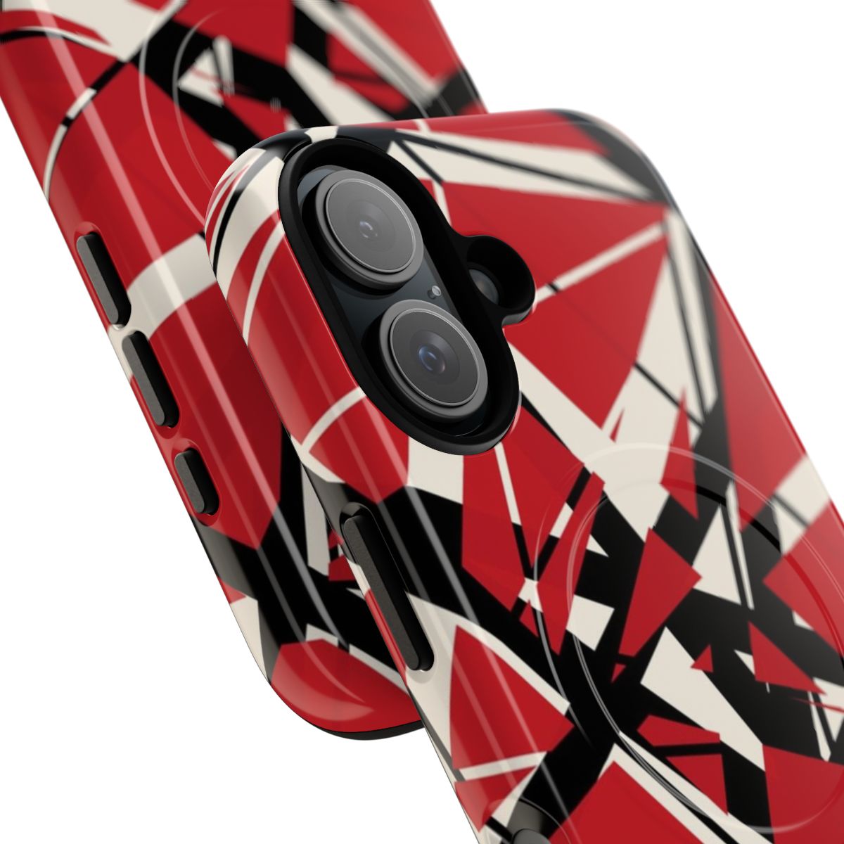 A vibrant red and white striped guitar case, inspired by the iconic EVH Frankenstrat guitar design. - Detail