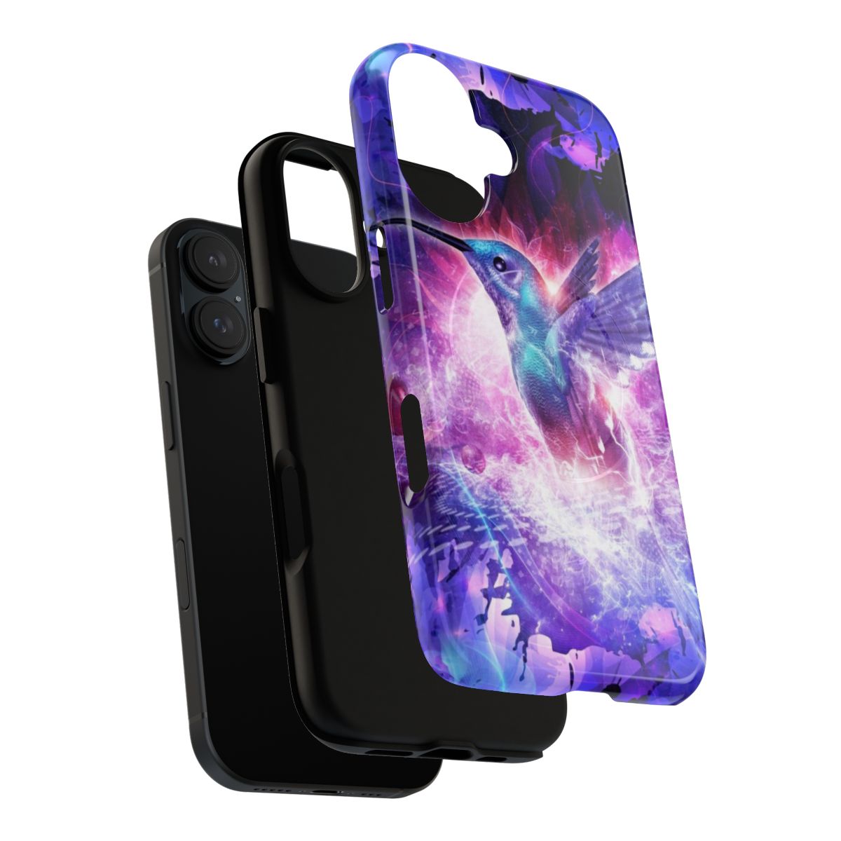 Colorful phone case featuring a hummingbird design in a cosmic, space-inspired setting. - Layers