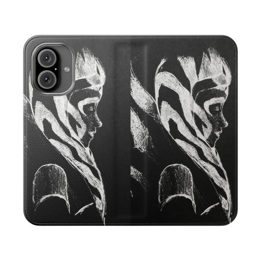 Stylized black and white sketch art design of Ahsoka Tano, a popular character from the Star Wars universe, on a flip phone case.