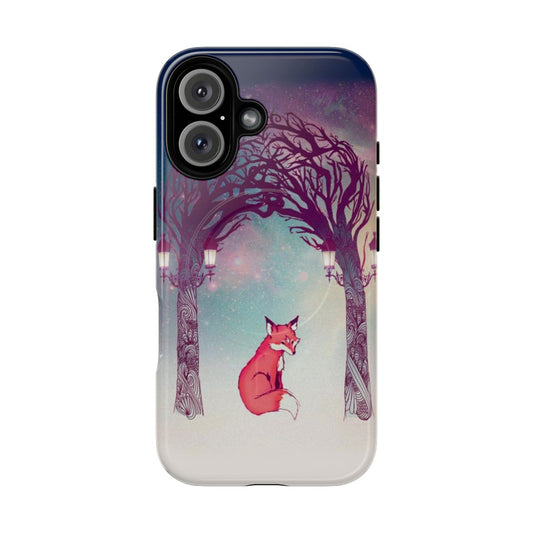 Magnetic tough phone case featuring a whimsical illustration of a fox in a forest with a lantern