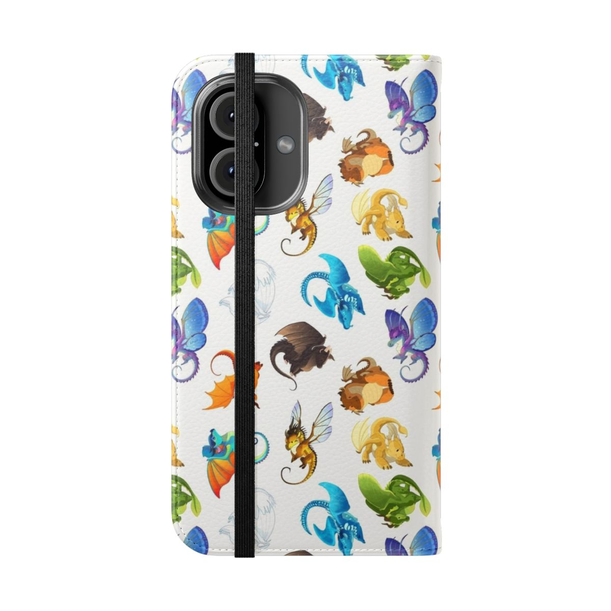 Whimsical flip cover phone case featuring a colorful Wings of Fire dragon design - Folded Front