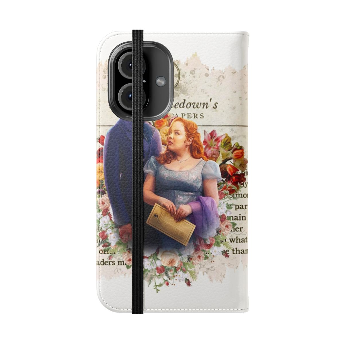 Bridgerton-themed flip cover phone case featuring characters Colin Bridgerton and Penelope Featherington - Folded Front