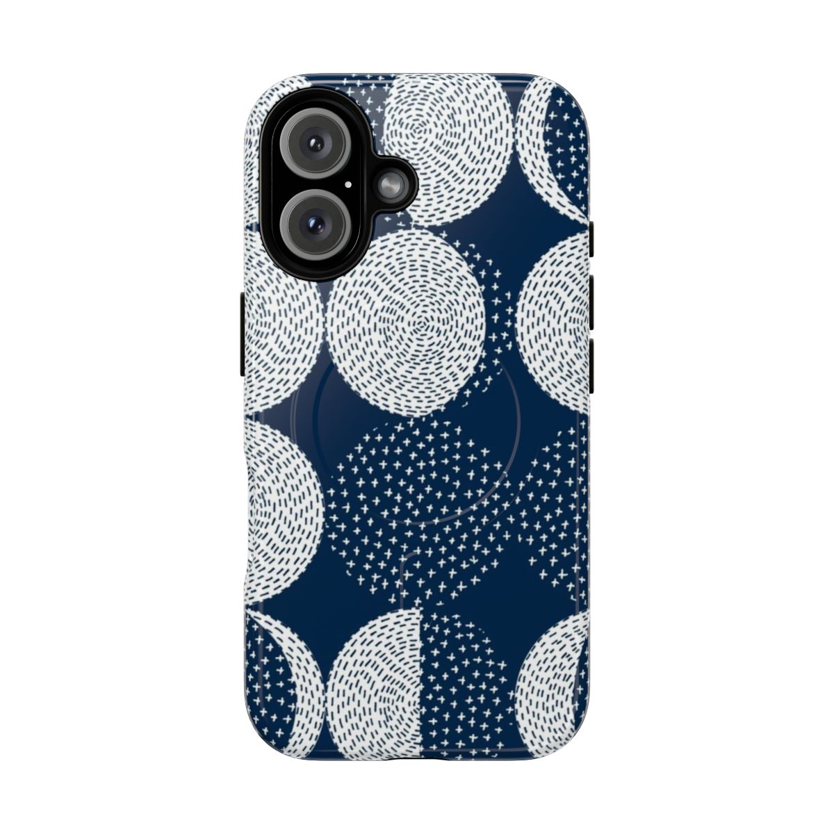 Minimalist phone case with an embroidered moon phases pattern in blue shades