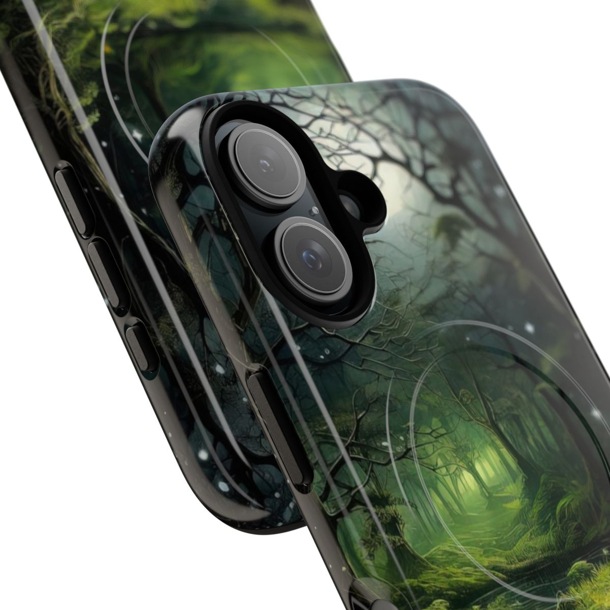 Artistic phone case featuring a magical fairy forest landscape with trees, lights, and a mystical atmosphere. - Detail