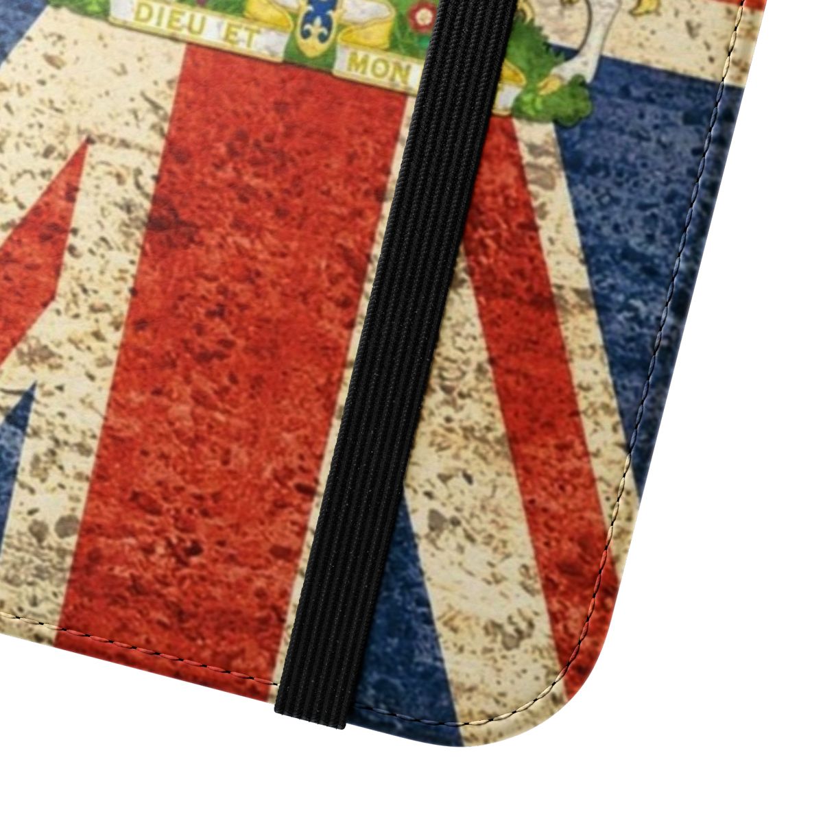 Flip cover phone case with the flag of the United Kingdom and the royal coat of arms - Close Up