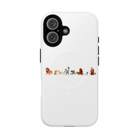 Colorful illustration of The Lion King characters Simba, Scar, Mufasa, Timon, Pumbaa, Zazu, and Nala on a durable, magnetic phone case.