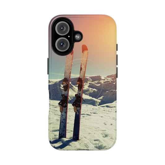 Magnetic phone case featuring a snowy mountain landscape at sunset