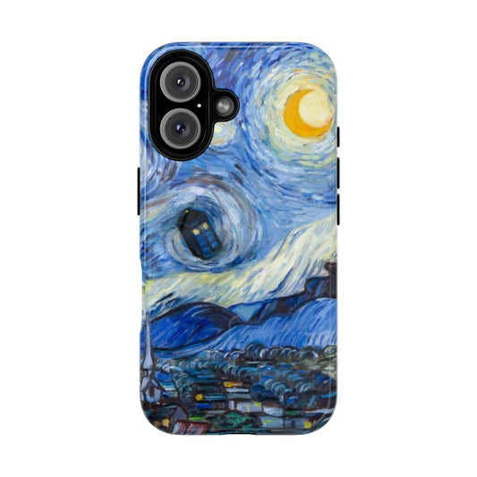 Starry night inspired magnetic tough phone case with a tardis design.