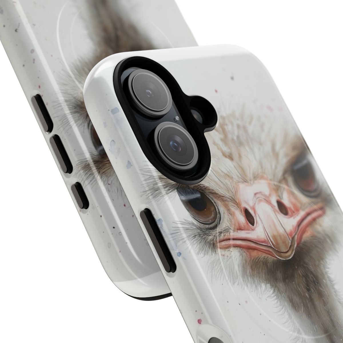 A detailed and whimsical ostrich portrait phone case with magnetic closure and tough protection. - Detail