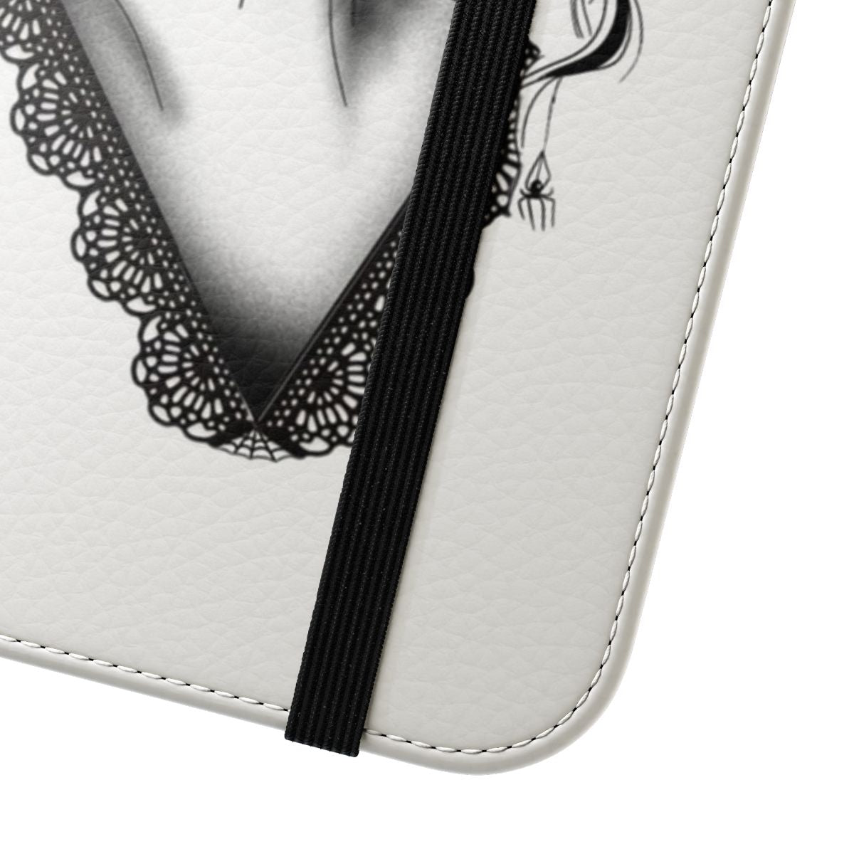 Lacey bones flip cover phone case with gothic, victorian, and spooky design - Close Up