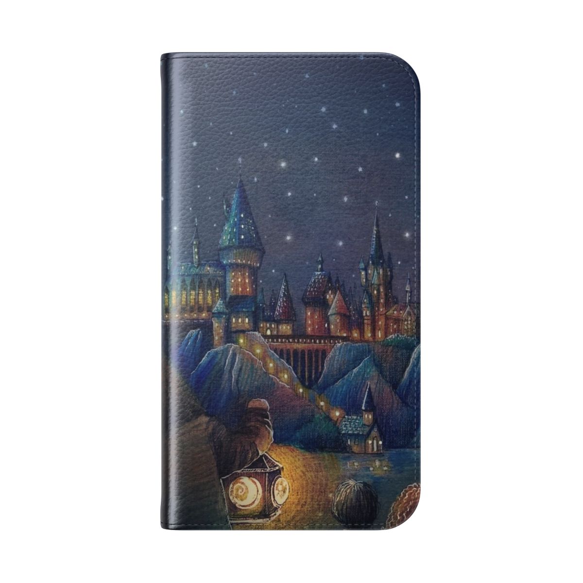 Whimsical fantasy phone case with a blue castle and magical elements - Folded Back