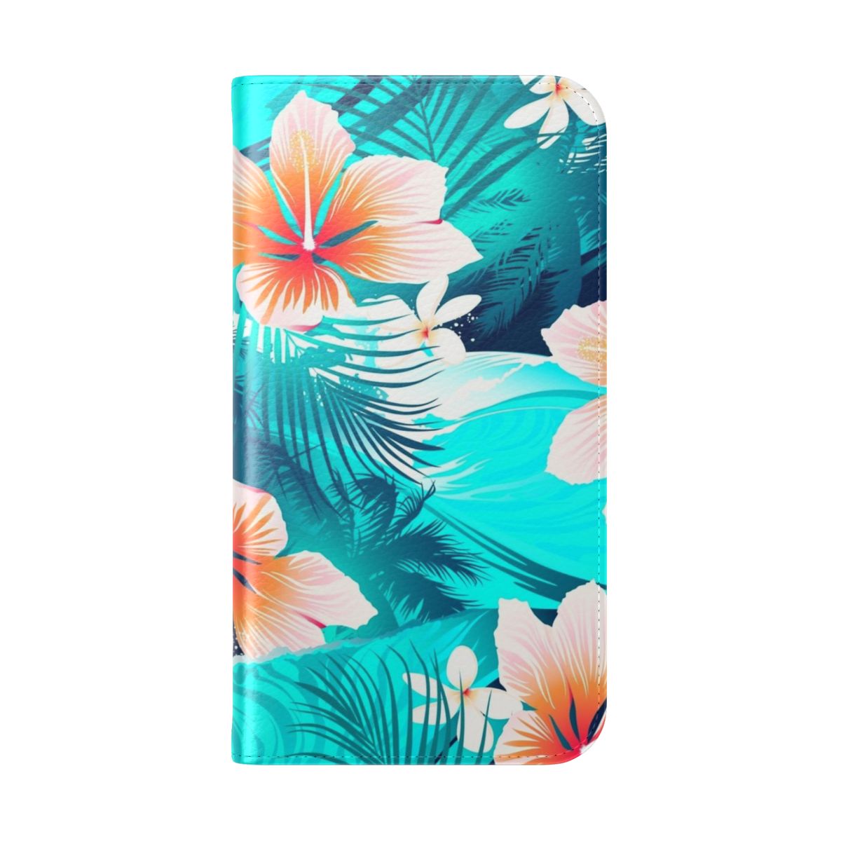 Closeup of a tropical floral phone case with hibiscus flowers and abstract palm leaves. - Folded Back