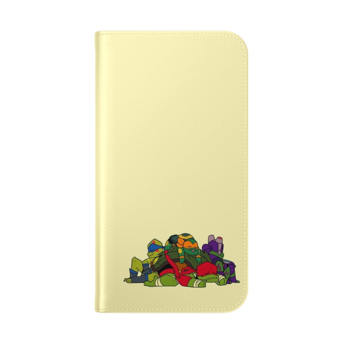 A flip cover phone case featuring the Teenage Mutant Ninja Turtles characters in a napping pose. - Folded Back