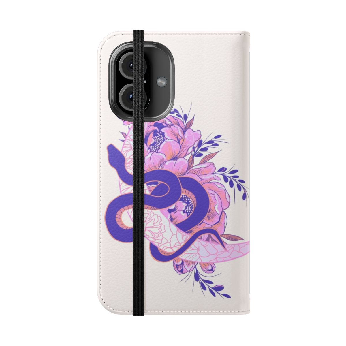 Pastel pink phone case with dark floral and moon snake design - Folded Front