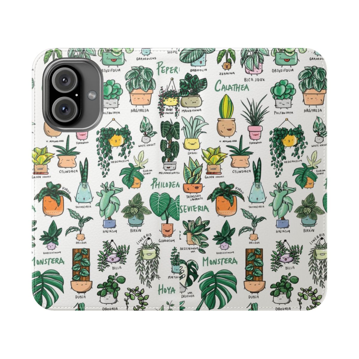 Flip phone case featuring a botanical pattern of monstera and philodendron leaves in shades of green.