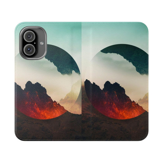 Surreal sci-fi flip phone case with a portal landscape design