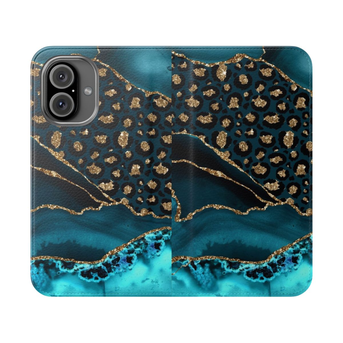 Teal and gold leopard agate inspired flip phone case