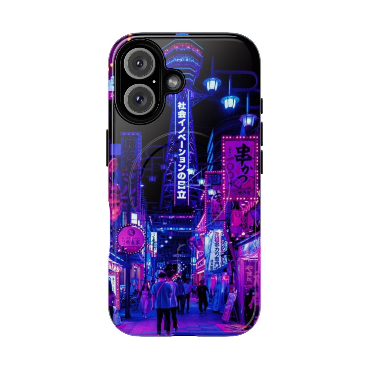 Vibrant phone case featuring anime-style depiction of Osaka city streets with neon lights and shops