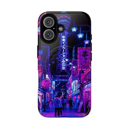 Vibrant phone case featuring anime-style depiction of Osaka city streets with neon lights and shops