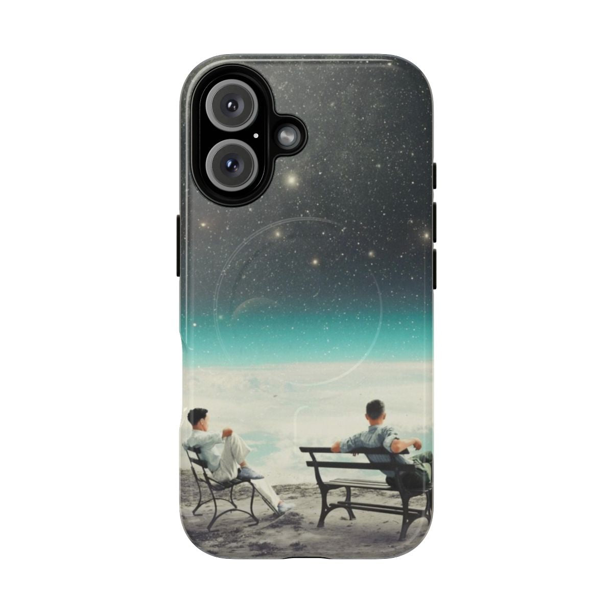 Vintage collage digital phone case featuring a minimalist surreal landscape with stars, earth, and silhouetted figures