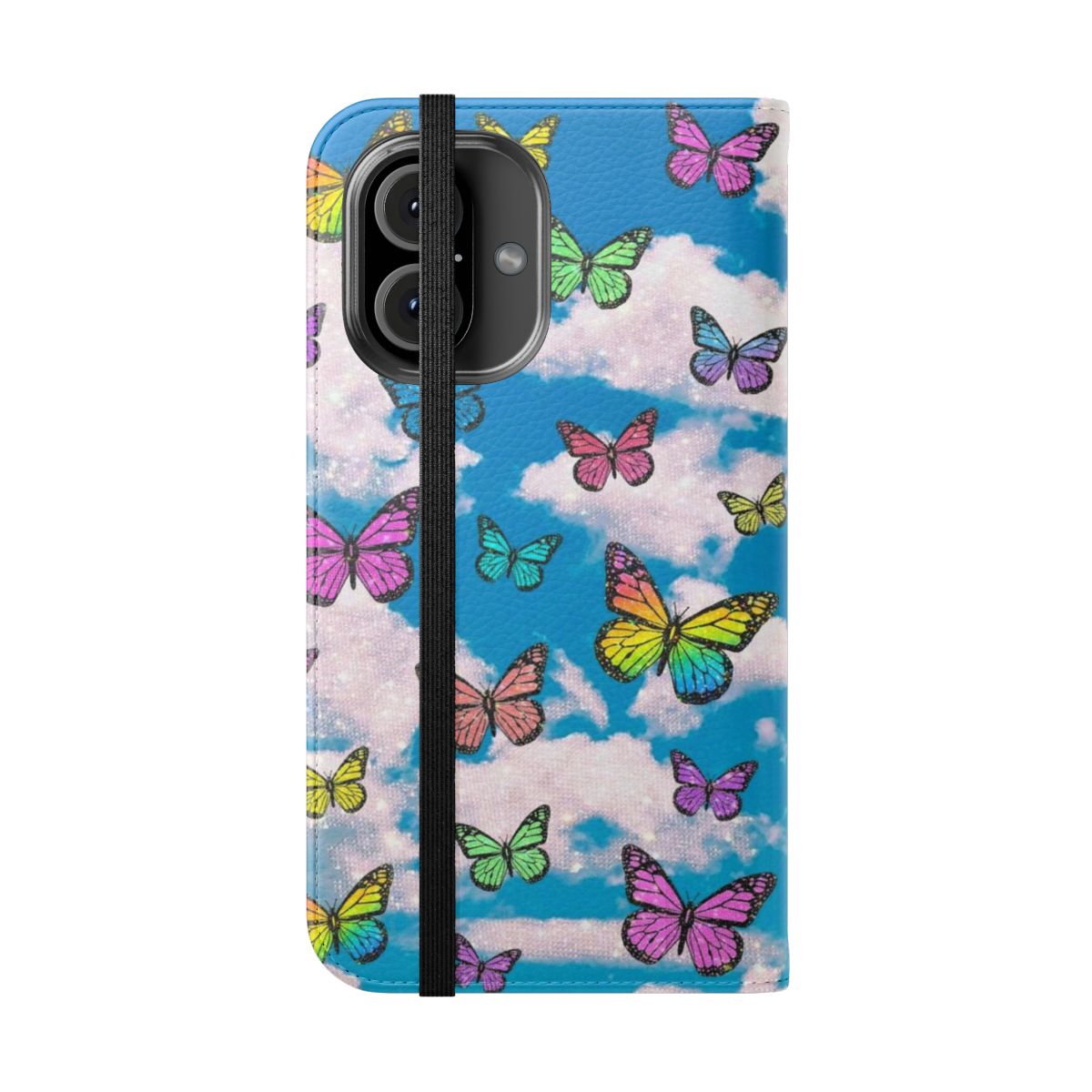 A colorful phone case featuring a butterfly and cloud pattern in a soft, pastel palette. - Folded Front