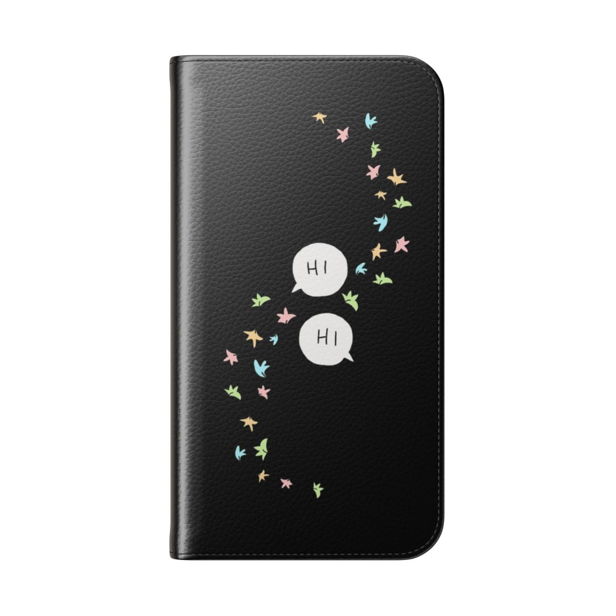 Heartstopper-inspired flip cover phone case featuring a black background and a design with leaves, representing the popular web comic and Netflix series. - Folded Back