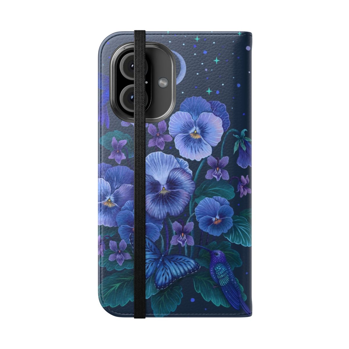 Violet flower February birth flower phone case with hummingbird and moon design - Folded Front