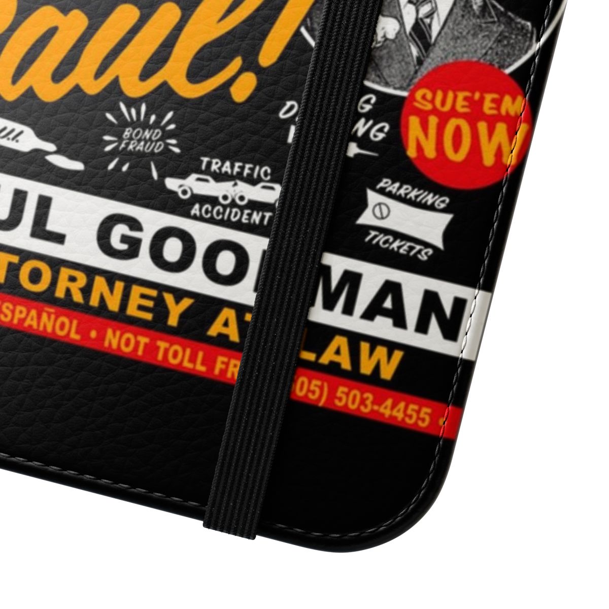 Flip cover phone case featuring a design inspired by the character Saul Goodman from the TV series Better Call Saul - Close Up