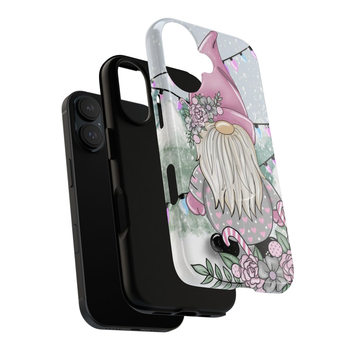 A pink and grey phone case featuring a cozy Christmas scene with a gnome, elf, and winter florals. - Layers