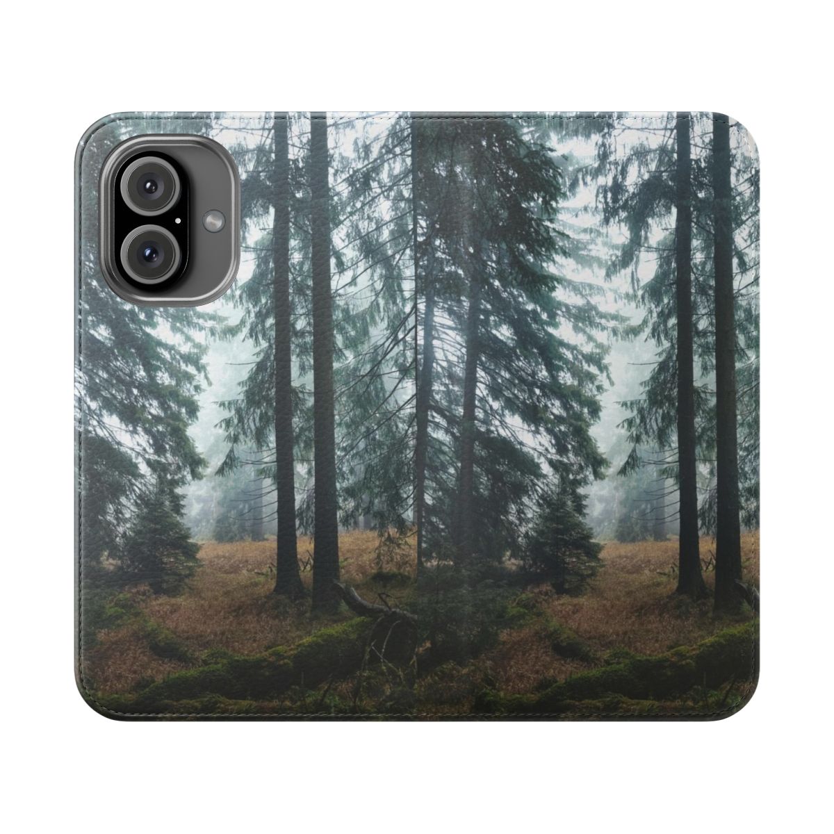 Misty, foggy forest scene with dark trees on a flip cover phone case