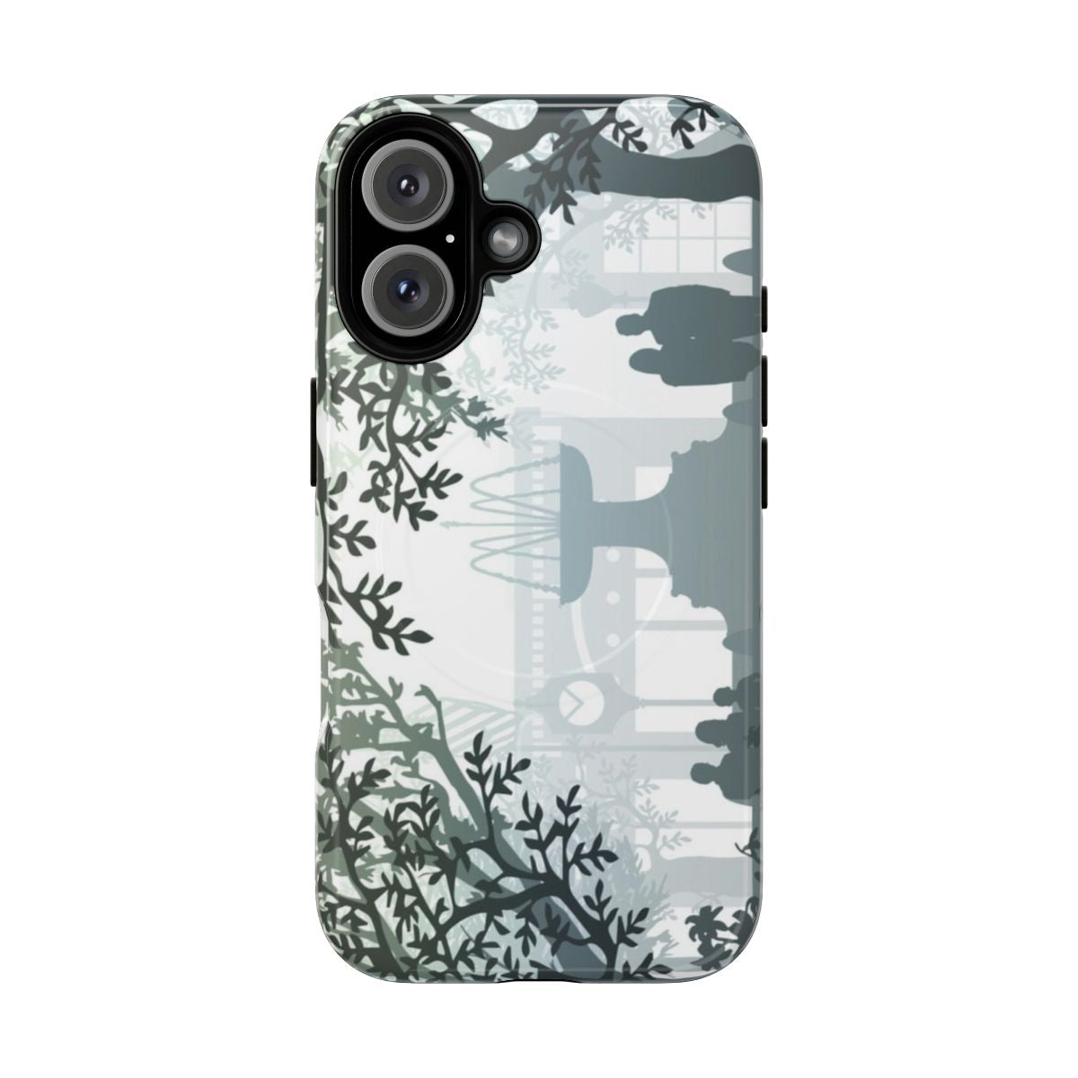 Magnetic tough phone case featuring a tranquil nature park fountain design