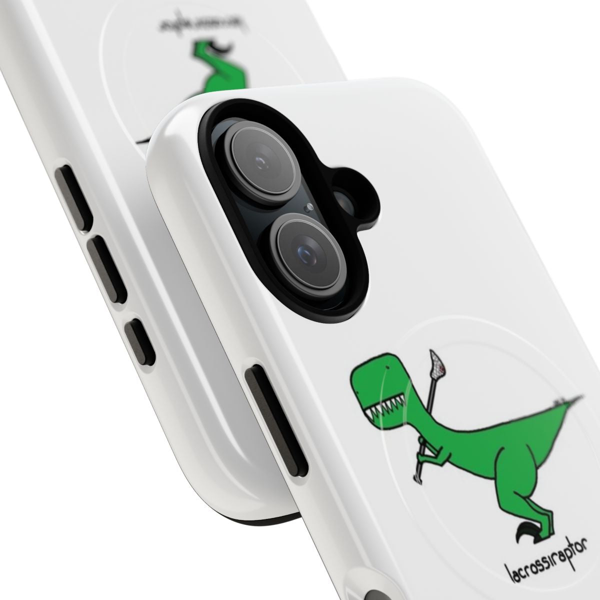 Tough and magnetic phone case featuring a lacrosse-themed velociraptor design - Detail