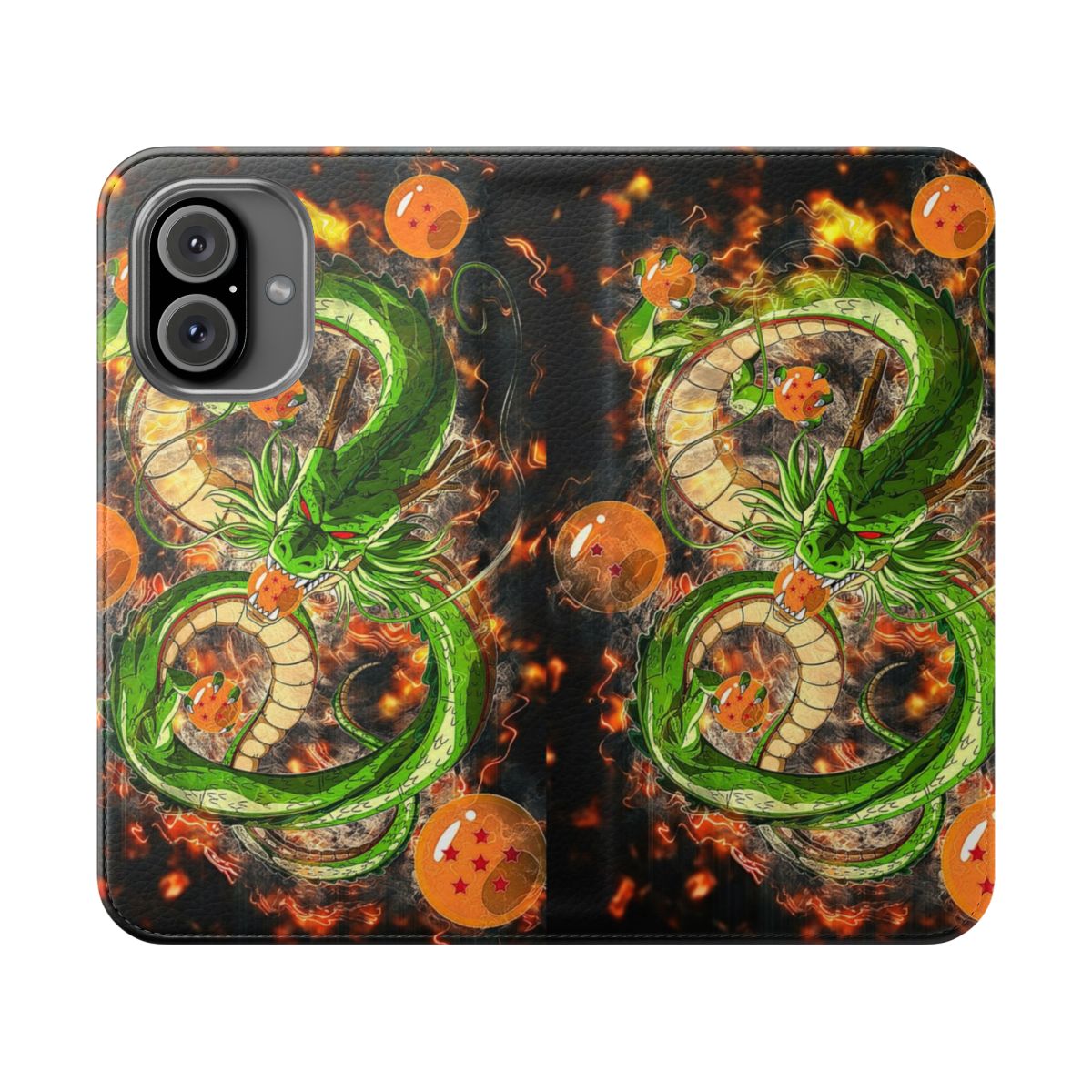 Shenron-inspired flip cover phone case with dragon ball design