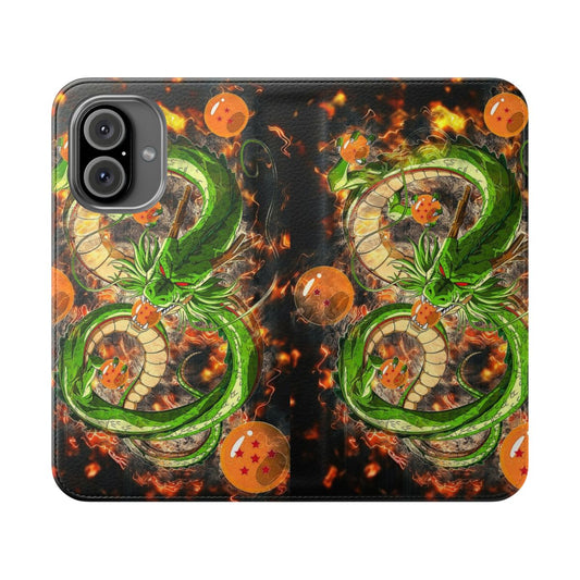 Shenron-inspired flip cover phone case with dragon ball design