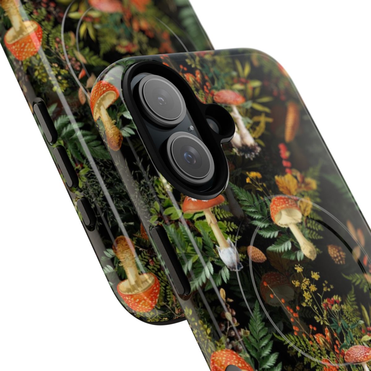 Vintage-inspired phone case featuring midnight toadstools in a forest botanical design - Detail