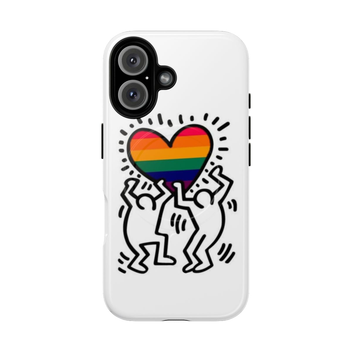 Colorful phone case with abstract Haring-style artwork, showcasing LGBTQ+ pride.