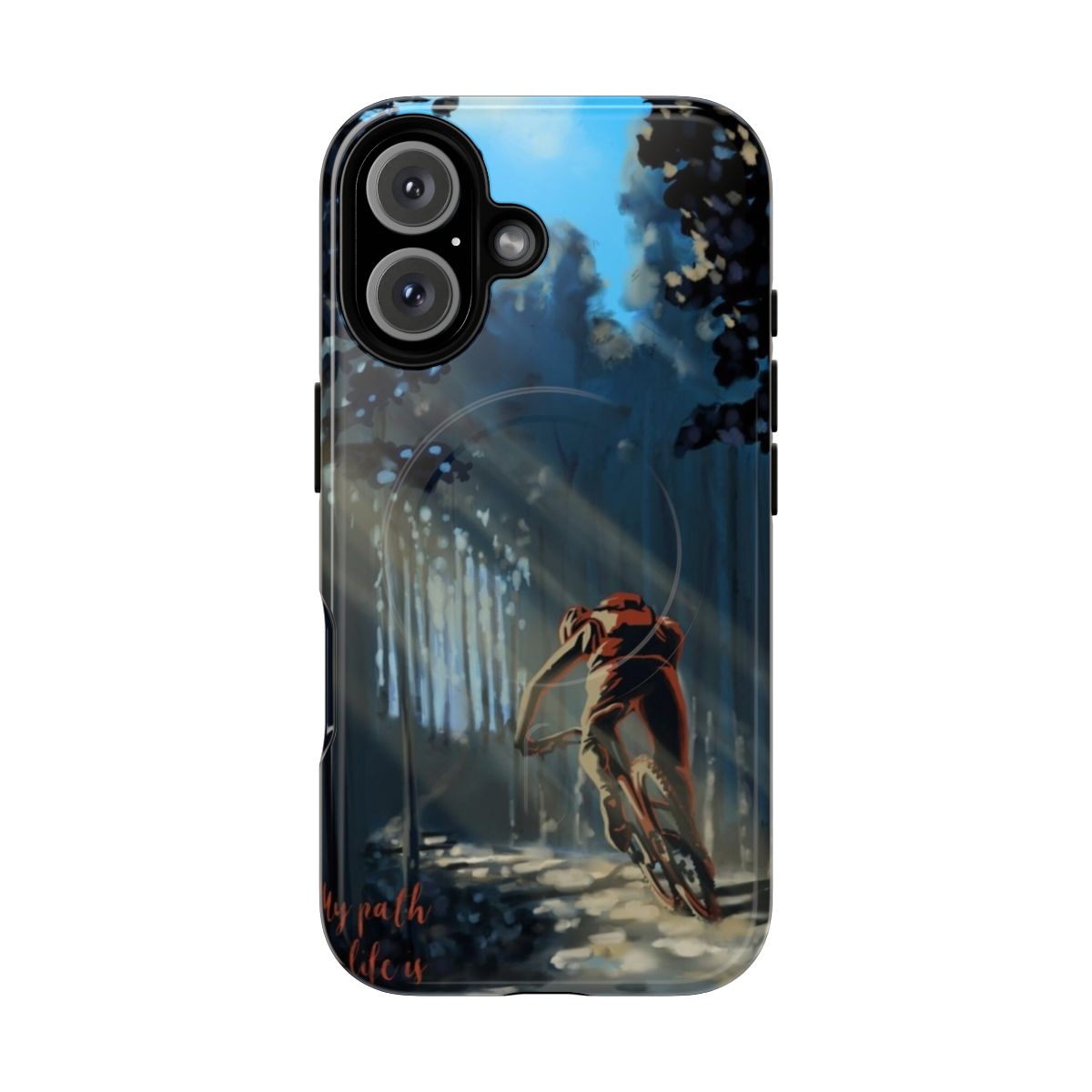 Magnetic tough phone case with a painting depicting a mountain biker riding through a forest landscape.