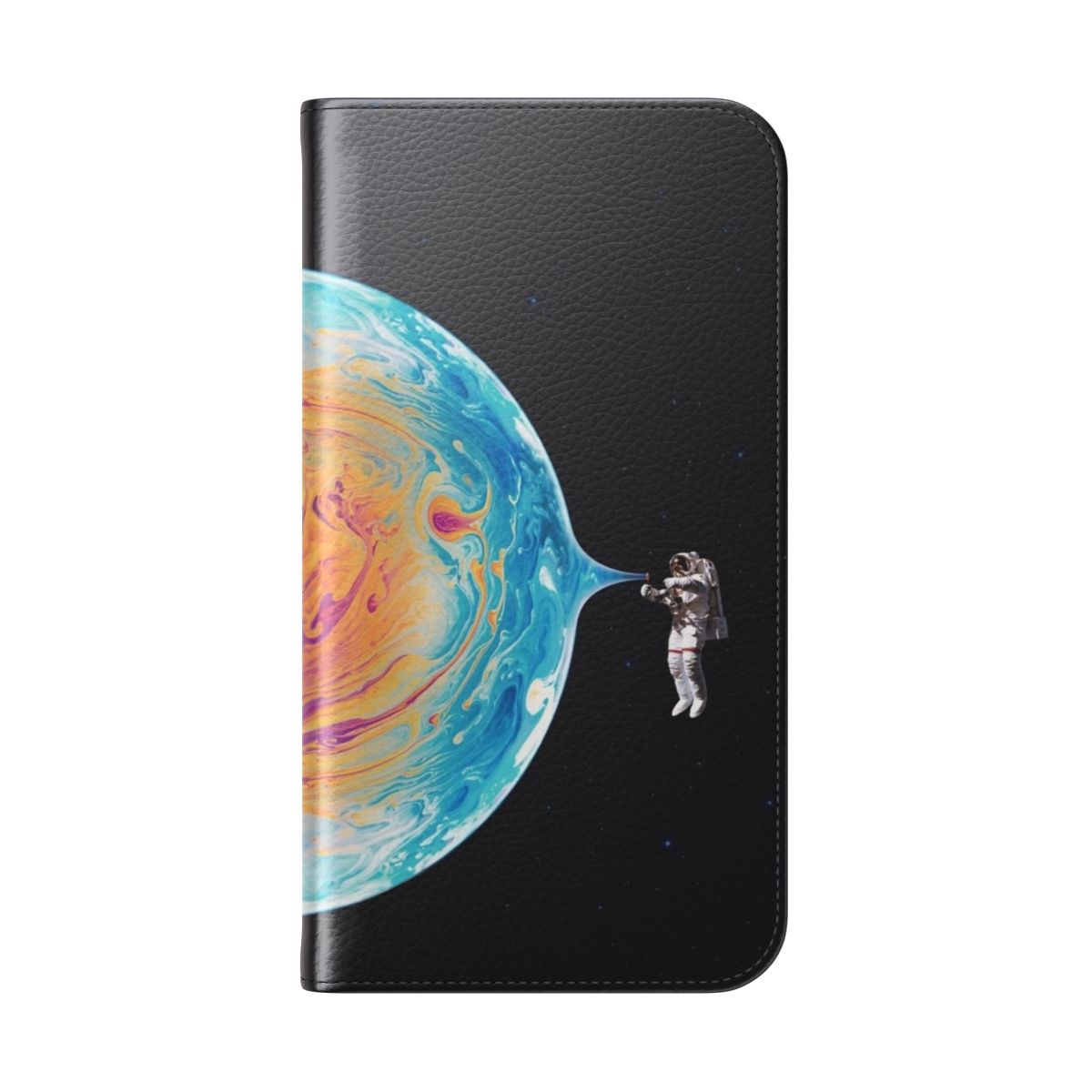 Flip cover phone case with a surreal, space-themed design featuring an astronaut, planets, and cosmic elements. - Folded Back