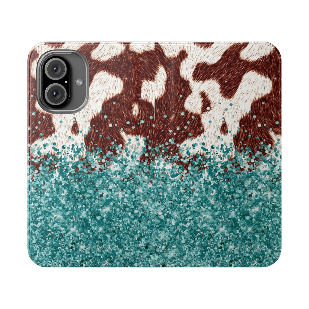 Turquoise, teal, and brown cowhide-patterned phone case with glittery accents