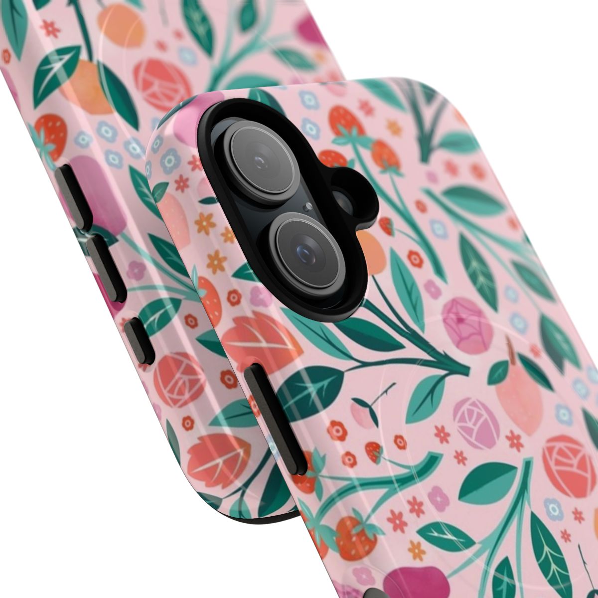 A colorful, floral and fruit-patterned phone case - Detail