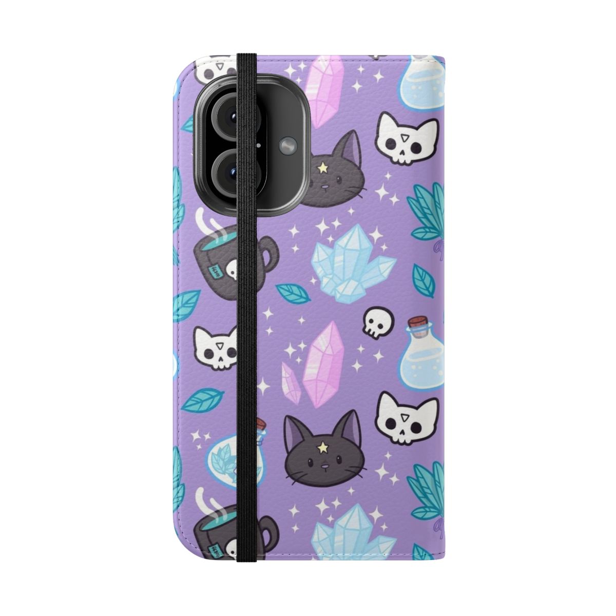 Pastel purple flip cover phone case with occult and wicca design elements like herbs, crystals, and a cat. - Folded Front