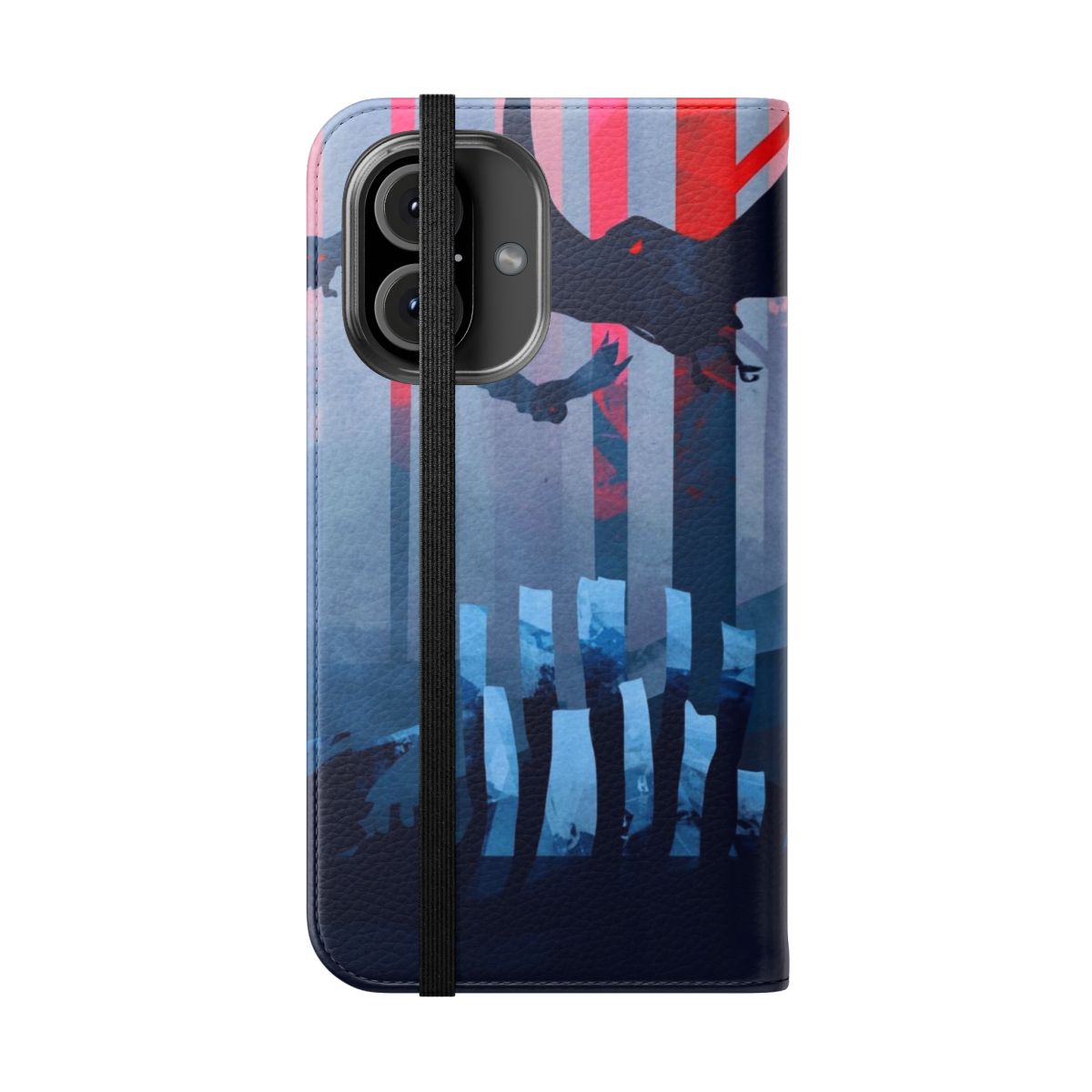 A blue and black phone case featuring a dramatic landscape with birds, stones, and nature elements. - Folded Front