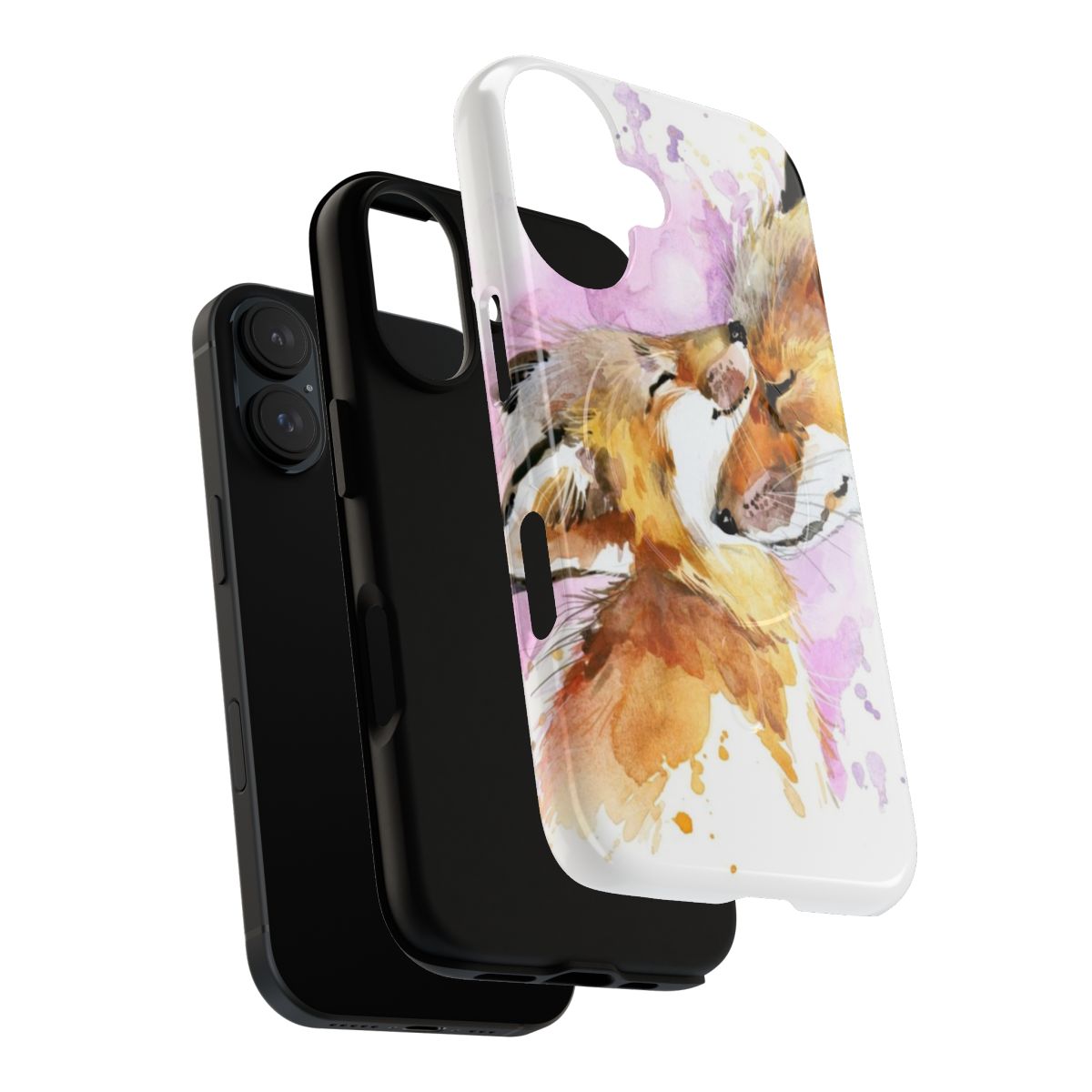 Watercolor illustration of a fox mother and her cub on a pink phone case - Layers