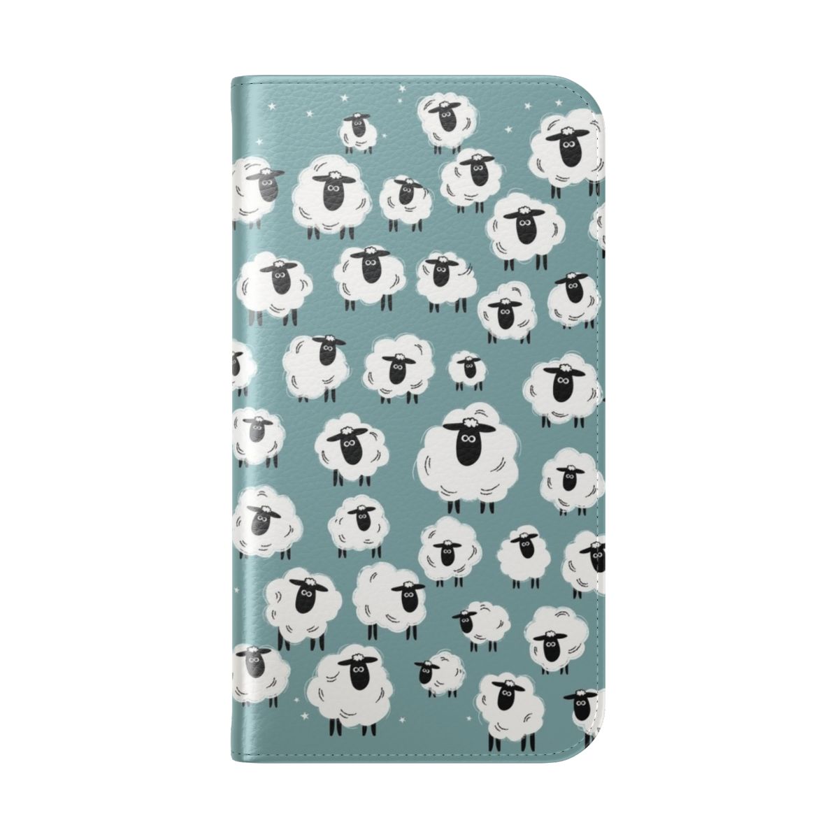 Sheep Flip Cover Phone Case with Flock of Sheep and Counting Sheep Illustration - Folded Back