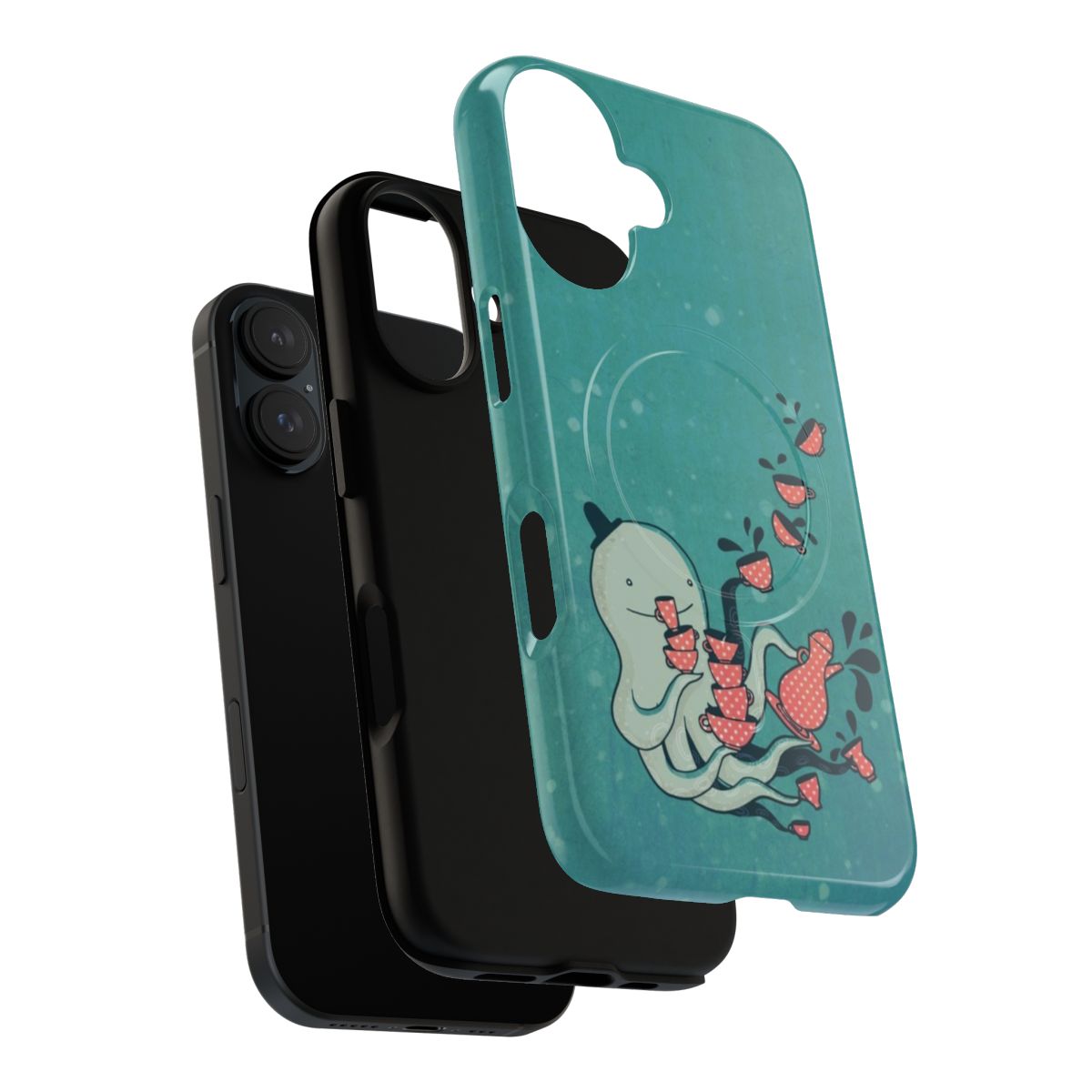 Colorful phone case featuring a cute octopus with tentacles, teacup, and underwater scene - Layers