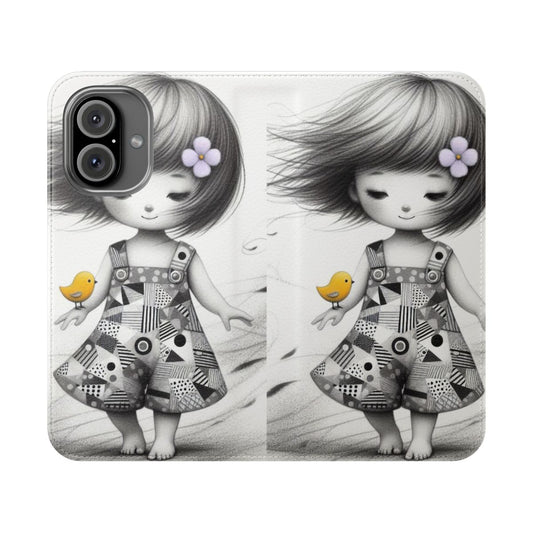 Cute cartoon-style illustration of a girl with a bob hairstyle and a bird on a flip cover phone case.