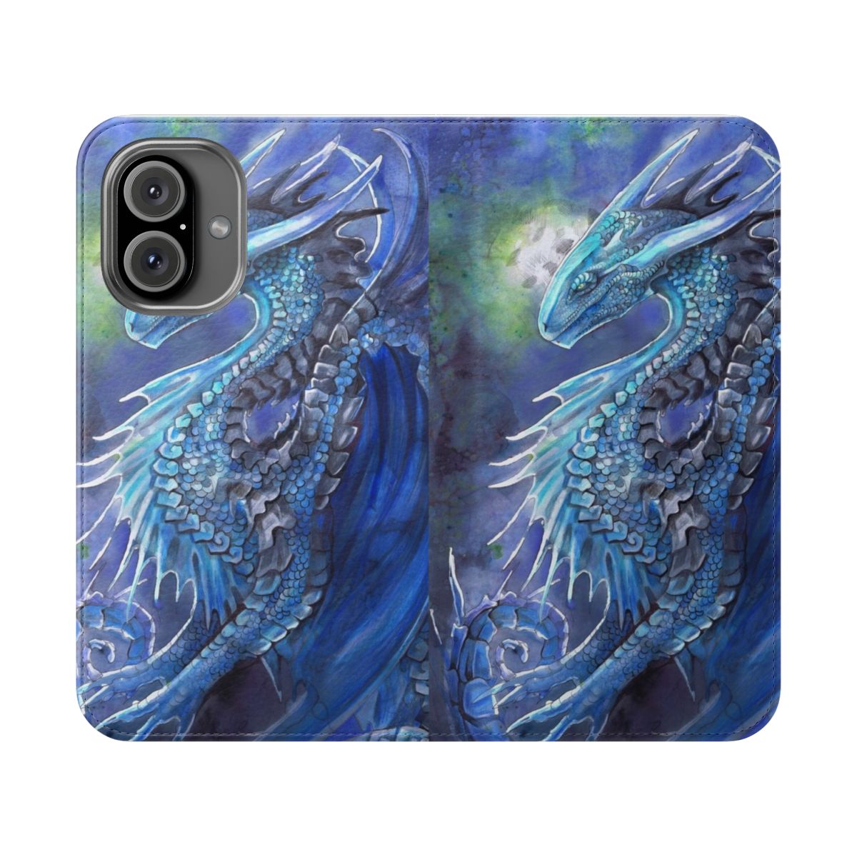 Vibrant blue dragon illustration on a flip cover phone case