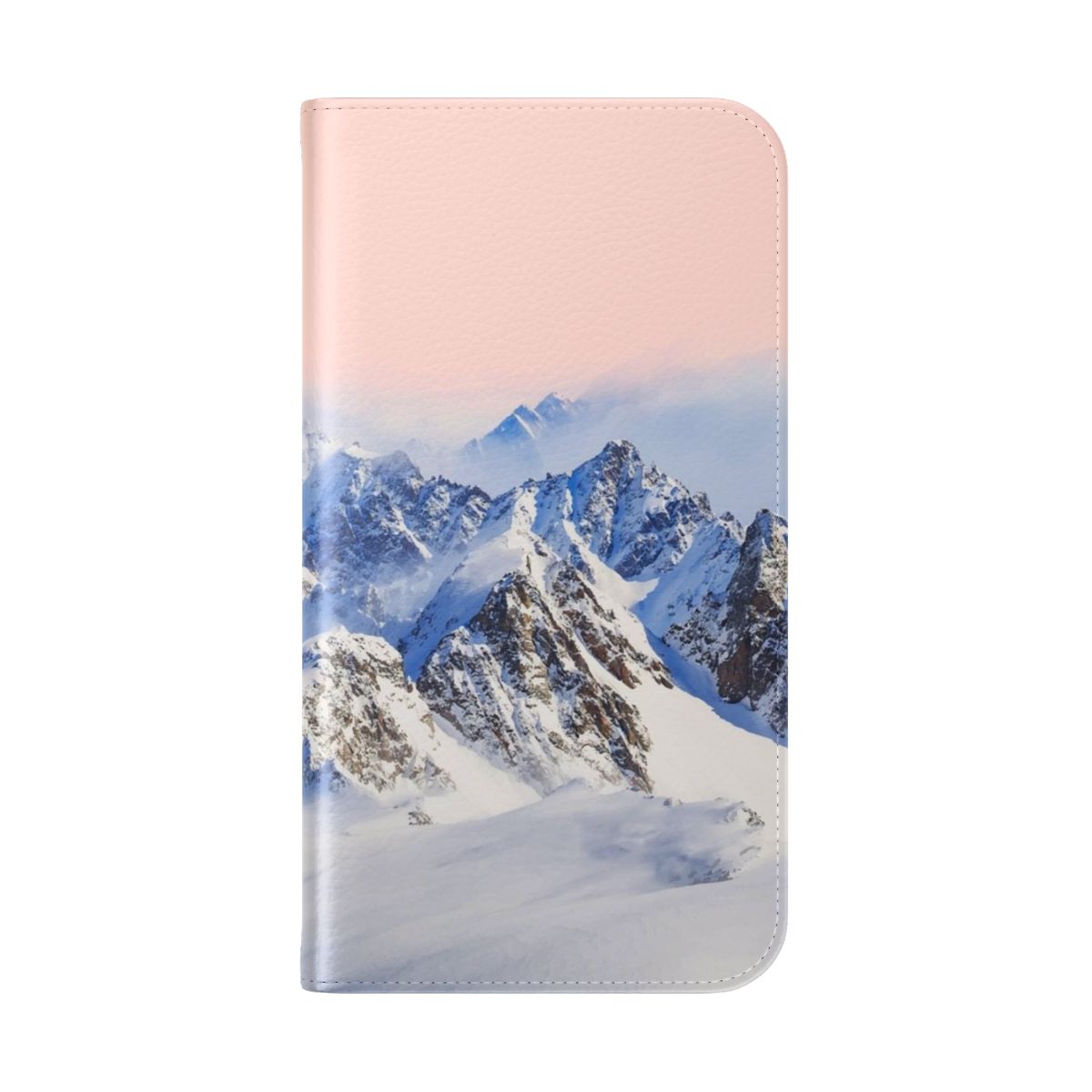 A phone case featuring a beautiful winter landscape with snow-capped mountains. - Folded Back